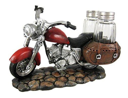 Red Motorcycle Spice Holder with Refillable Salt and Pepper Shakers 3 Piece Set